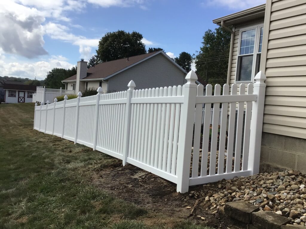 Vinyl Picket Fence, installed by Swiss Valley Fence. Chauncey Ohio.