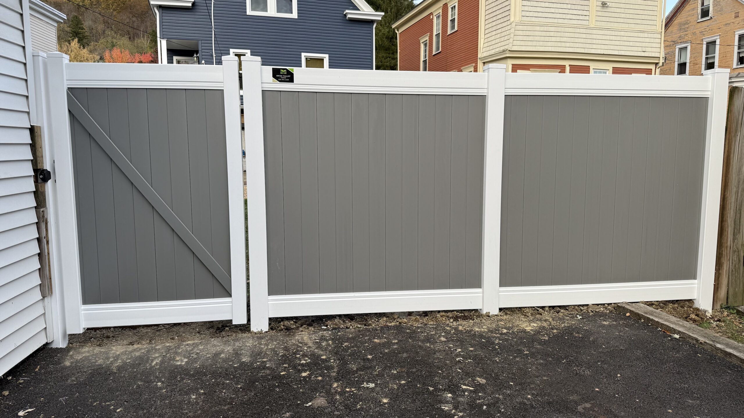 Vinyl Privacy Fence, installed by Swiss Valley Fence. Bridgeport Ohio.